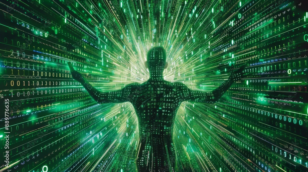 Fototapete A silhouette of a person with arms outstretched stands within a matrix of green binary code, as the lines of code stream outward like beams of light.