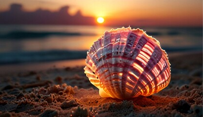 Glowing Seashell at Pink and White Sunset Shining Over the Beach
