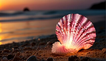 Glowing Seashell at Pink and White Sunset Shining Over the Beach