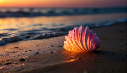 Glowing Seashell at Pink and White Sunset Shining Over the Beach
