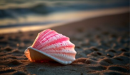 Glowing Seashell at Pink and White Sunset Shining Over the Beach
