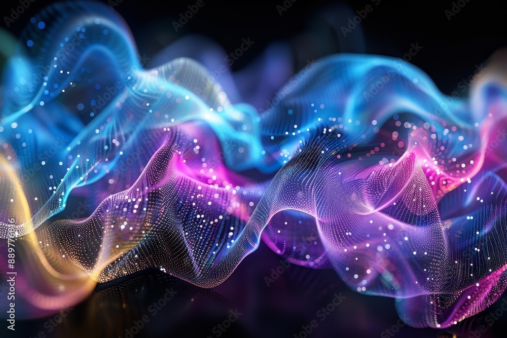 Poster vibrant and dynamic digital artwork with swirling blue and pink lines creating a lively and energeti