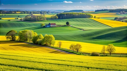 Obraz premium Green and yellow farm fields with canola rapeseed in Sk?ne Sweden during spring, Scandinavia, agriculture