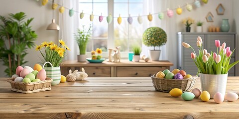 Holztisch mit Osterdeko in der Wohnung f?r Produktplatzierung oder Montage, Holztisch, Osterdeko