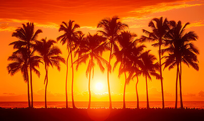 Palm trees stand in silhouette against a blazing orange sunset