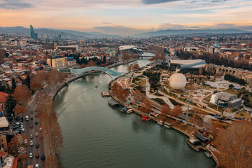 Obraz premium Panoramic aerial view of Tbilisi, capital of Georgia from drone