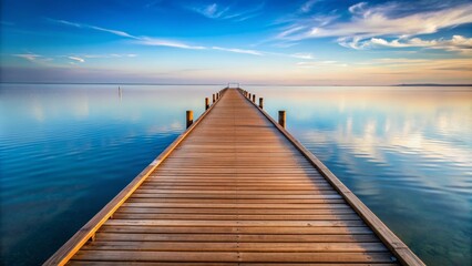 A long wooden pontile stretching out over calm water, bridge, dock, pier, walkway, ocean, sea, waterfront, relaxation