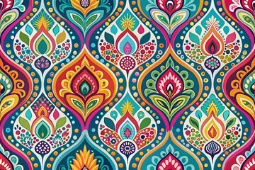 Vibrant ogee abstract pattern featuring intricate hand-drawn shapes in varied bright colors, perfect for modern designs, textiles, and graphic backgrounds.