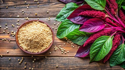 Vibrant amaranth leaves and grains on a wooden table