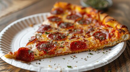 Delicious Slice of Fresh Baked Pizza on a Paper Plate Hot and Ready to Eat, Culinary Menu Concept Background, Organic Gourmet Restaurant Wallpaper, Food Business Marketing Backdrop