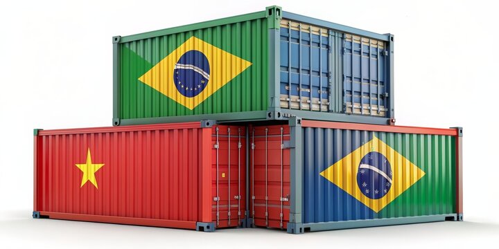 Freight containers with Brazil and China flags, symbolizing international trade and commerce, Freight, containers, Brazil