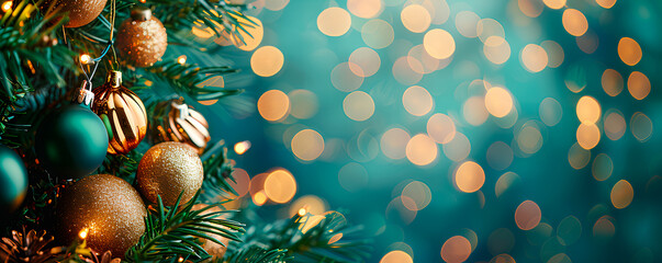 Obraz premium Christmas ornaments and lights on a pine tree branch