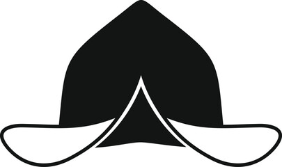 Simple black and white icon of a conquistador hat with plume, front view