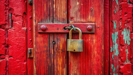 Crackling red wooden door lock padlock denotes private security do not enter concept, red, door, lock, padlock