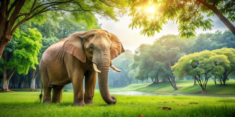 Elephant enjoying a peaceful day in the park , wildlife, animal, mammal, giant, tusks, nature, outdoor, park, fun, adorable, playful