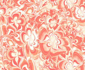 Abstract flowers ebru style in trendy color of the year peach fuzz. Floral seamless pattern with wavy stripes for textile, package, packaging, wall decor, wallpaper, fabric. Contemporary Liquid Art. 