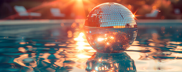 A disco ball floats in a pool of water, illuminated by the setting sun