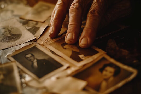 Elderly Hand Touching Vintage Photos, nostalgic moment, memory lane concept
