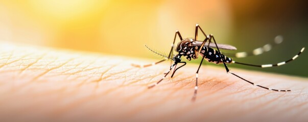 Close-up of a mosquito biting human skin, detailed and sharp. Free copy space for text.
