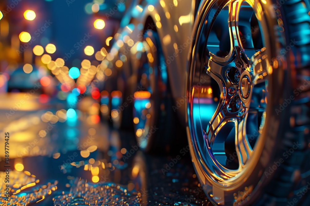 Poster dynamic and vibrant photograph of a city street with colorful bokeh lights creating an energetic and