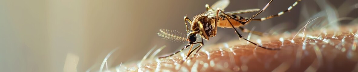 Naklejka premium Close-up of a mosquito biting human skin, detailed and sharp. Free copy space for text.