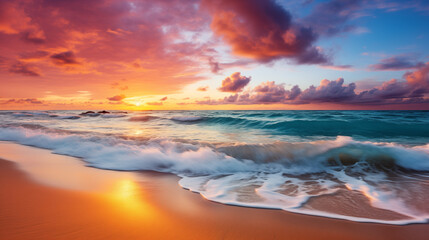 Fototapeta premium Enchanting Beach Sunset with Golden Light and Gentle Waves