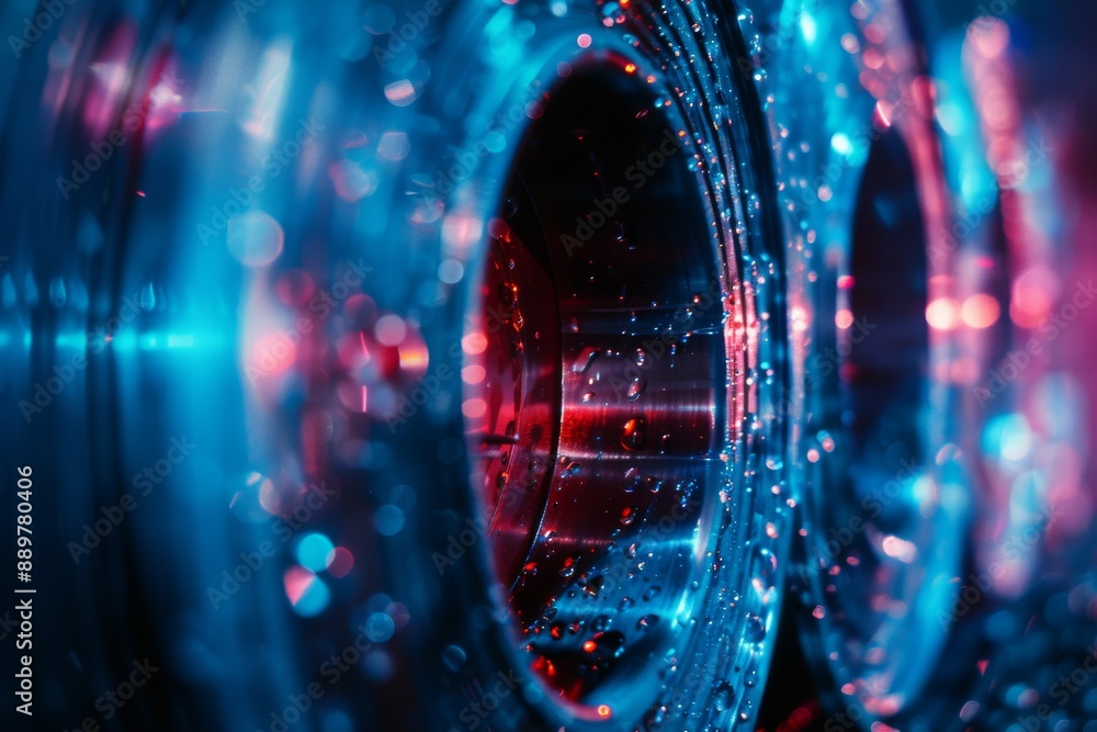 Poster dynamic and vibrant macro photograph of a futuristic mechanical gear creating an energetic and intri