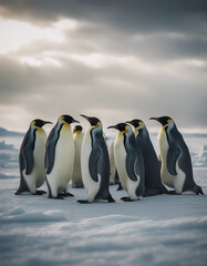 Obraz premium A colony of emperor penguins on an ice shelf, under a dramatic Antarctic sky.