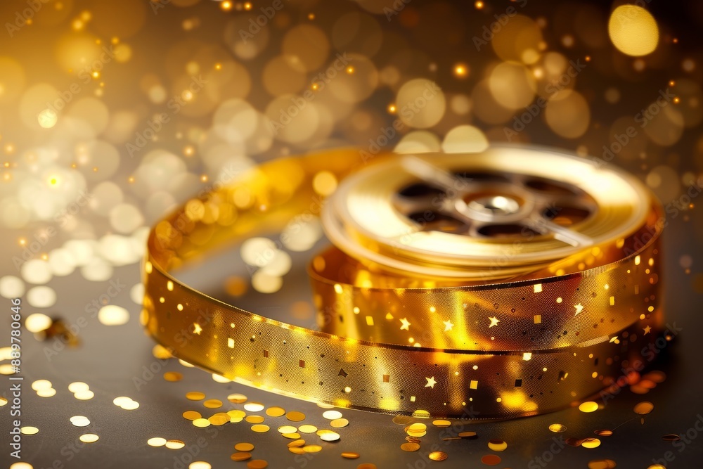 Poster dynamic and vibrant macro photograph of a film reel with glowing golden lights creating an energetic