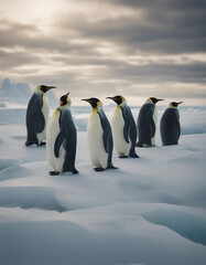 Obraz premium A colony of emperor penguins on an ice shelf, under a dramatic Antarctic sky.