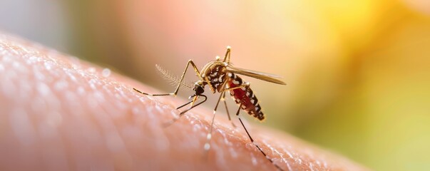 Close-up of a mosquito biting human skin, detailed and sharp. Free copy space for text.