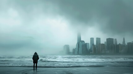A lone figure stands by the turbulent sea with a fog-covered city skyline in the background, creating a mysterious and moody atmosphere.