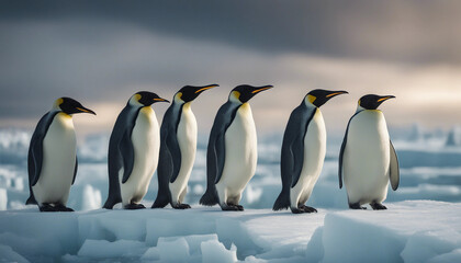 Fototapeta premium A colony of emperor penguins on an ice shelf, under a dramatic Antarctic sky.