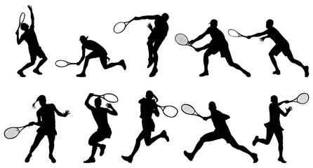  Collection of men and women playing tennis.Set of sportsmen and sportswomen with rackets, isolated on white background.Vector illustration.