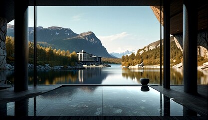 Sleek Grey Beige Spa Hotel Perched Atop Rocky Cliff Overlooking Tranquil Lake in Majestic Norwegian Mountains