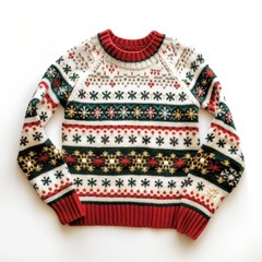 A high-quality stock image of a Christmas sweater on a white isolated background. The sweater features festive designs and patterns, perfect for holiday parties and cozy winter days. AI generation.