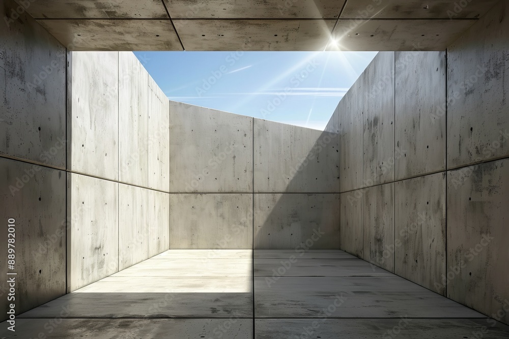 Poster minimalistic photograph of a concrete room with natural light streaming in creating a serene and mod