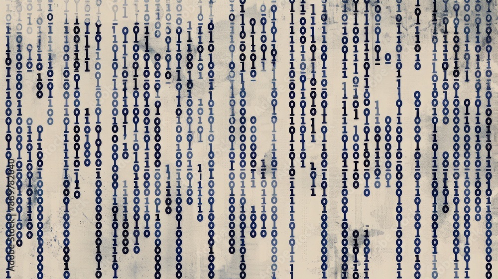 Poster A grunge background with a repeating pattern of binary code in black and blue, resembling vertical lines of digital data.
