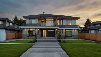 New House Modern Home Gray White Exterior Street Elevation. New luxury modern home built in Vancouver British Columbia Canada showing custom exterior elevation and custom roof design .