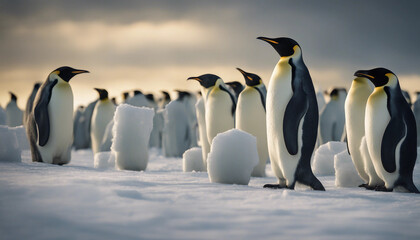 A colony of emperor penguins on an ice shelf, under a dramatic Antarctic sky.

