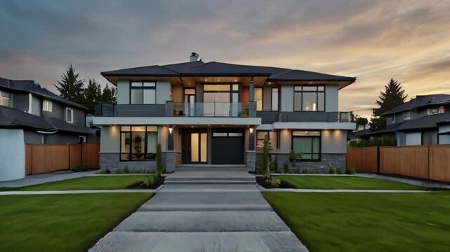 New House Modern Home Gray White Exterior Street Elevation. New luxury modern home built in Vancouver British Columbia Canada showing custom exterior elevation and custom roof design .
