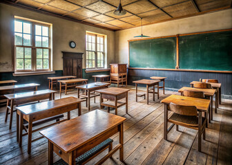 Empty classroom with old-fashioned blackboard, wooden desks, and chalk-stained erasers, evoking a sense of nostalgia and traditional education environment.
