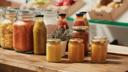 Bulk food items in reusable glass containers on shelves, small business ecological store supporting sustainable lifestyle and healthy eating. Locally grown fresh produce at supermarket.