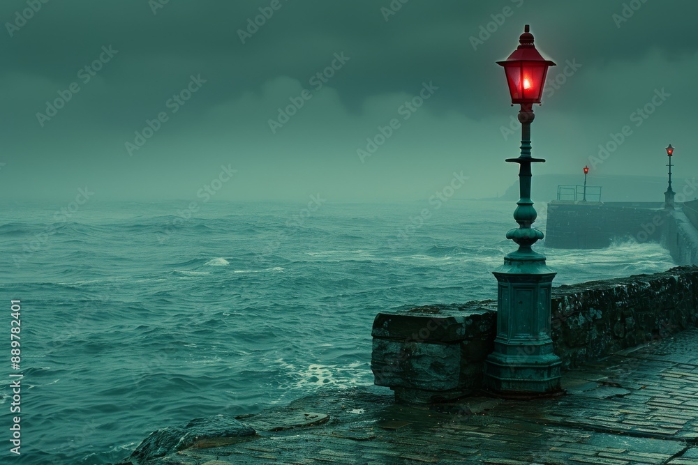 Poster atmospheric photograph of a foggy seaside with a lone red light creating a mysterious and moody visu