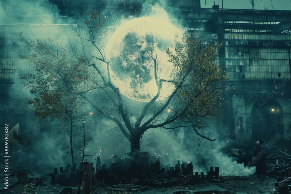 Aufkleber surreal digital artwork of a tree emerging from a foggy cityscape creating a dreamlike and ethereal 