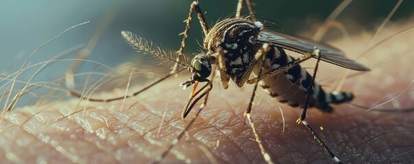Naklejka premium Close-up of a mosquito biting human skin, detailed and sharp. Free copy space for text.