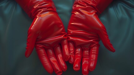 Red gloves of a medical worker close up