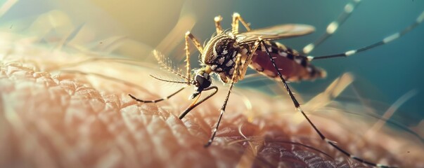 Close-up of a mosquito biting human skin, detailed and sharp. Free copy space for text.