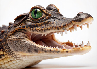 Fototapeta premium A small alligator's scaly skin and sharp teeth are showcased in a stunning close-up shot against a clean white background, highlighting its ancient features.