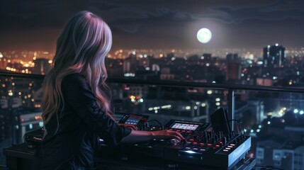 beautiful blonde dj woman on a rooftop